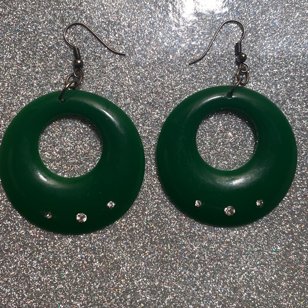 Green hoop Earrings with rhinestones.